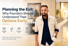 Planning the Exit: Why Founders Should Understand Their Options Early, featuring a startup founder in a beige jacket with illustrations of strategic sale, IPO, secondary sale, and other exit options.