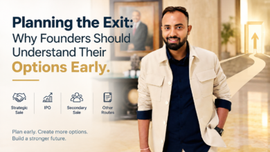 Planning the Exit: Why Founders Should Understand Their Options Early, featuring a startup founder in a beige jacket with illustrations of strategic sale, IPO, secondary sale, and other exit options.
