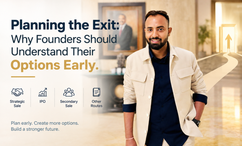 Planning the Exit: Why Founders Should Understand Their Options Early, featuring a startup founder in a beige jacket with illustrations of strategic sale, IPO, secondary sale, and other exit options.